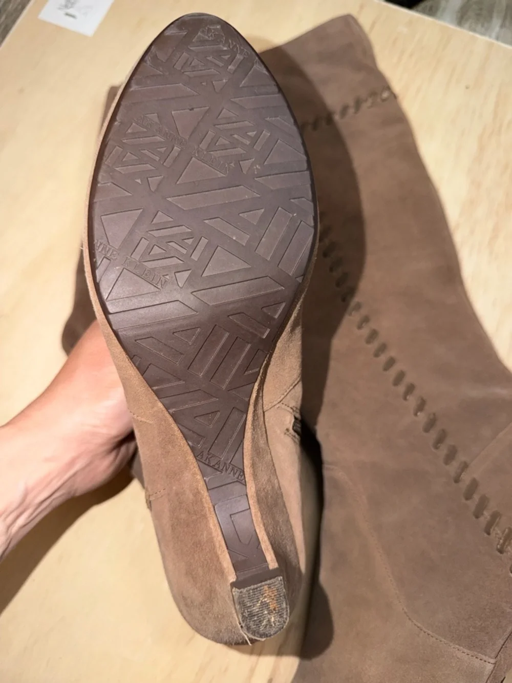 Anne Klein Taupe Suede Knee-High Wedge Boots - Picture 3 of 6